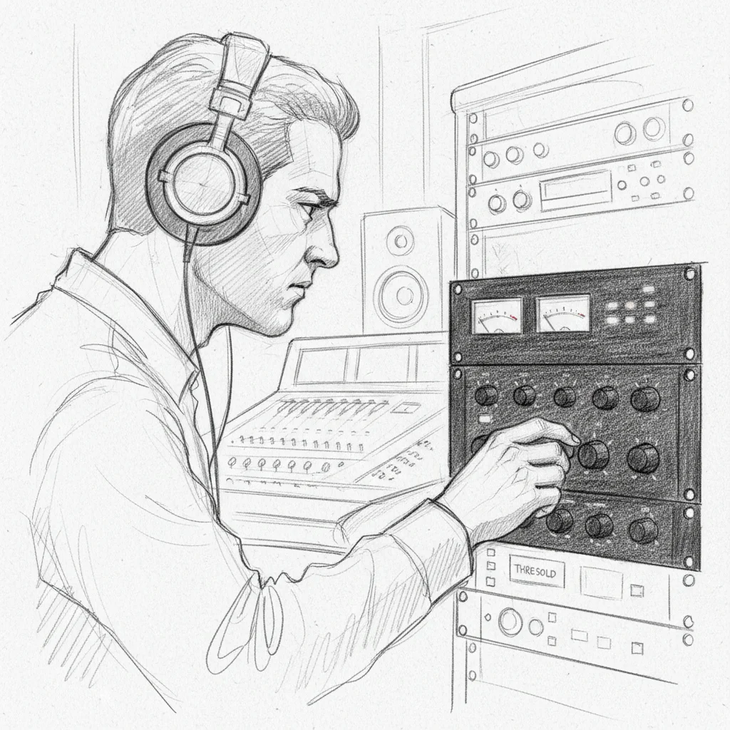 A mixing engineer making precise adjustments on analog studio gear.